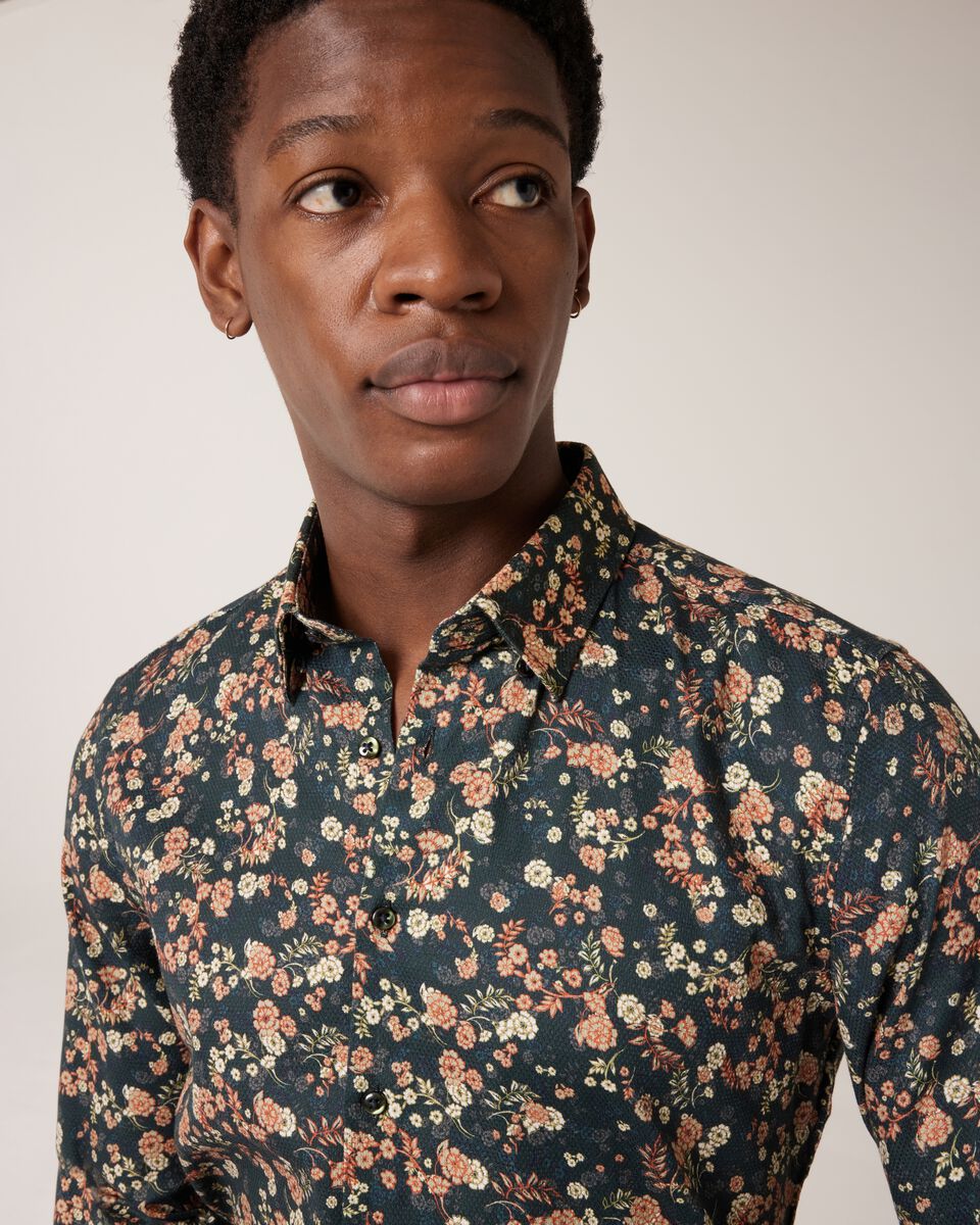 Slim Stretch Dark Floral Long Sleeve Shirt, Dark Green, hi-res